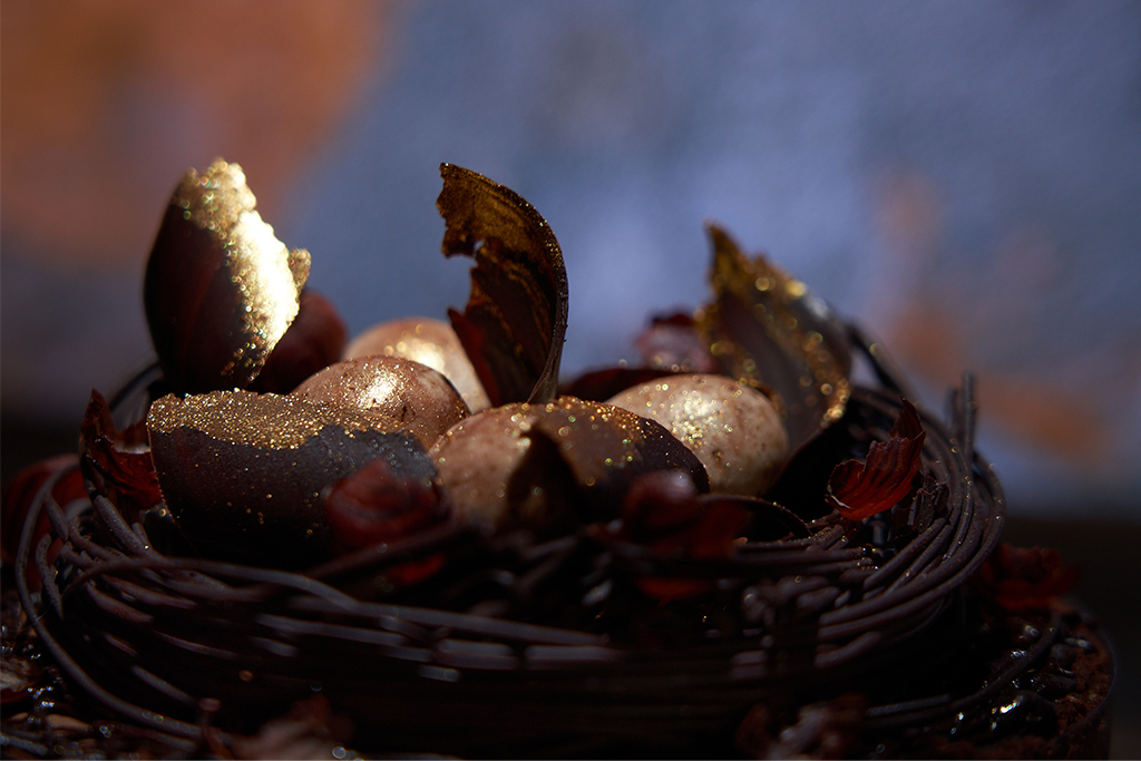 Gâteau pour Pâques et sa décoration au chocolat noir